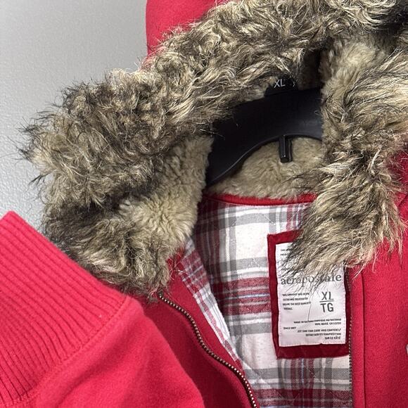 Vintage Y2K Aeropostale Faux Fur Zip Hoodie Juniors Size XL Red Jacket A87 Lined - Picture 11 of 14